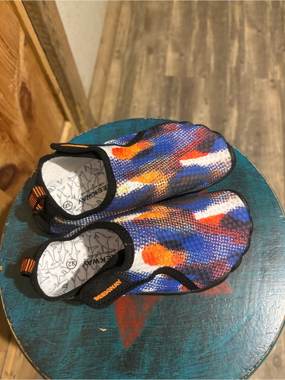 Kids Slip-On Water Shoes – Blue, Orange & White Splash